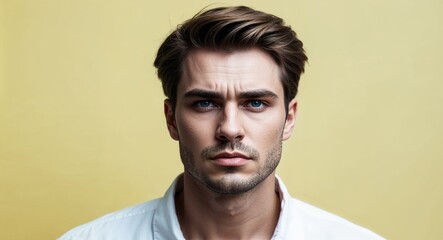 Fototapeta premium Young white man with pronounced cheekbones serious pale yellow background