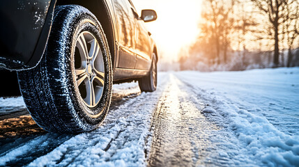 Car with winter tires stands on slippery road