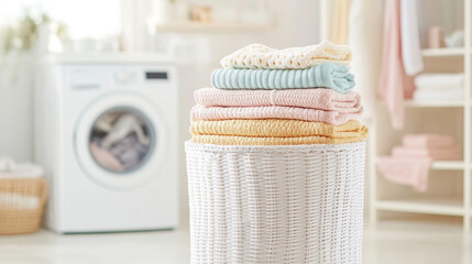 Freshly folded towels in soft pastel colors are neatly stacked in white wicker basket, creating serene and organized atmosphere in bright laundry room. washing machine in background adds to homey feel