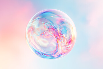 Obraz premium A delicate, translucent bubble with iridescent swirls of pink, blue, and purple suspended in mid