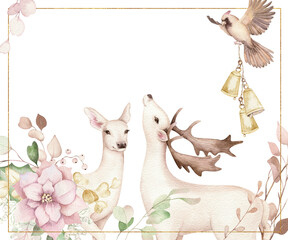 Watercolor composition with white forest deer, eucalyptus, flowers, cardinal bird with golden bells. Christmas card design, winter holiday template, frame.