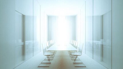 A minimalist conference room design with a long white table, transparent chairs, and glass walls, creating a bright, sleek, and modern atmosphere.