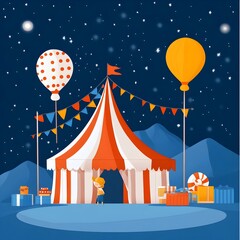 Fototapeta premium Lively and Colorful Night Carnival Featuring Cartoon Style Flat Design Elements Such as Rides Stalls Costumes and a Split Complementary Color Scheme