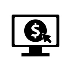 Computer screen with coin dollar clicking glyph icon. Financial, investment, profit concepts. Flat vector design isolated illustration.
