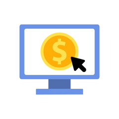 Computer screen with coin dollar clicking icon. Financial, investment, profit concepts. Flat vector design isolated illustration.
