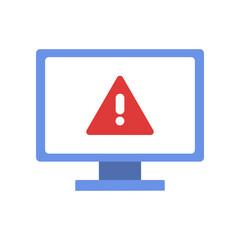 Computer screen with warning error alert icon. Technology, virus, internet problem, malware, hacking, scam, fraud concepts. Flat vector design isolated illustration.