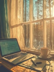A cozy workspace with a laptop, coffee cup, and notebook on a rustic desk, bathed in warm sunlight from a window overlooking a serene forest.