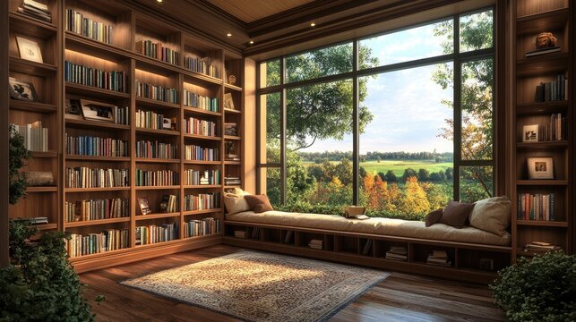 Elegant Library Interior with Sunlit Windows
