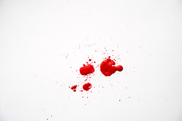 Blood splatters on white background. Red blots of watercolor Realistic bloody splatters for Halloween Drop of blood