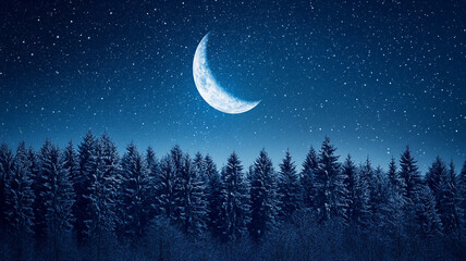 Naklejka premium Majestic winter solstice night with a crescent moon shining over snow-covered evergreen trees