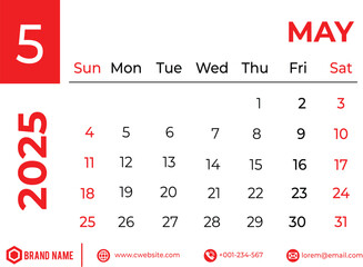 May 2025 Corporate Monthly Calendar – Sunday Start, Clean Look