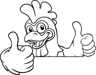A chicken cartoon rooster cockerel bird mascot peeking over a sign with copyspace