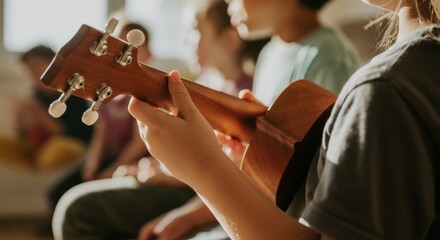 Young girl playing ukulele in group gathering, focused on instrument