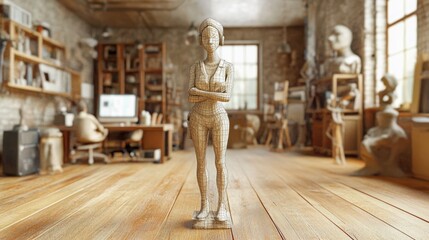 A 3D wireframe sculpture model stands in the foreground of a creative art studio, blending digital and traditional artistry.