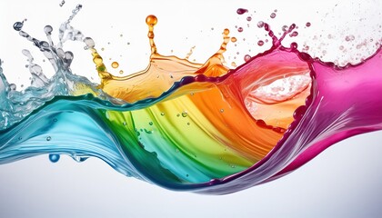 Fototapeta premium rainbow water or juice wave flow with splatters, isolated realistic liquid swirl