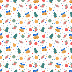 Christmas and Happy New Year, bell, Christmas tree and toys seamless pattern. Create Fabric, paper, banner, card. Vector illustration. 