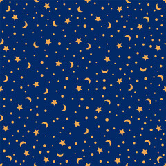 Cold stars and moon seamless pattern with dots on blue background. Create paper, card banner, fabric. Vector illustration. Greeting paper.