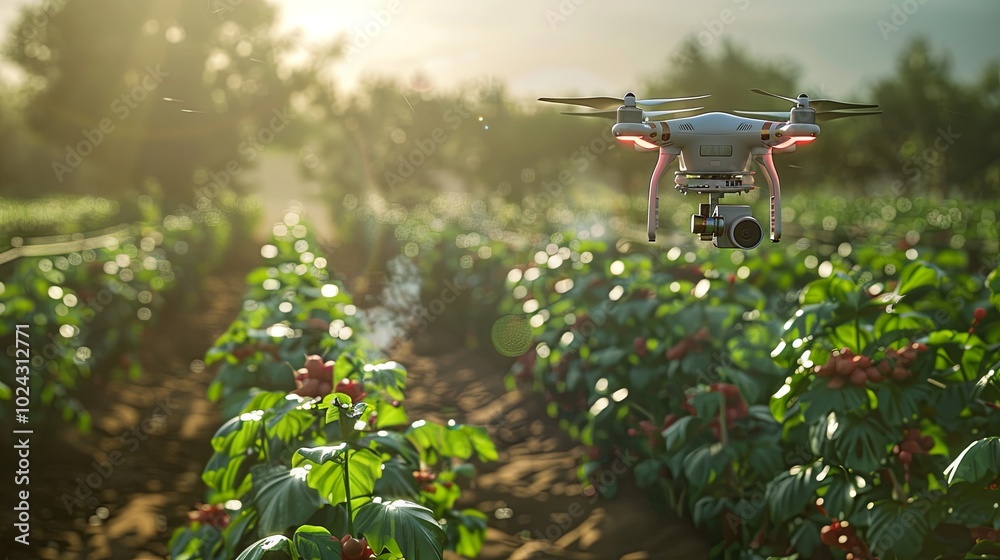 Aufkleber Drones and sensors monitor crops while robots optimize farming practices on a high-tech agricultural site in broad daylight. Generative AI
