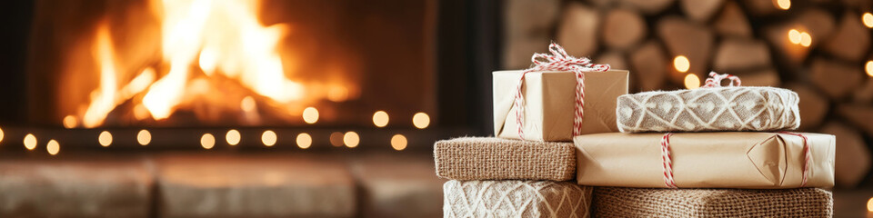 Cozy gifts stacked near warm fireplace create festive atmosphere, perfect for holiday celebrations and gatherings. soft glow of fire enhances warmth and joy of season
