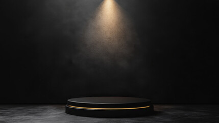 A minimalist stage with spotlight illuminating circular platform against dark background creates dramatic atmosphere, perfect for presentations or performances