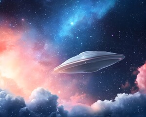 Obraz premium Bright sparkles dance through a cosmic watercolor sky with a UFO suspended in mid flight crossing a brilliant galaxy horizon