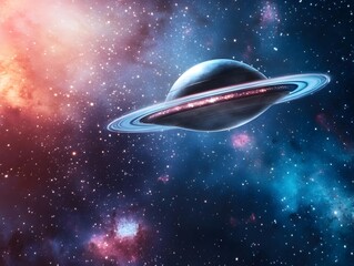 Obraz premium Distant galaxy in vibrant watercolor tones with sparkles surrounding a UFO as it drifts through stars and stardust in a magical atmospheric cosmic landscape