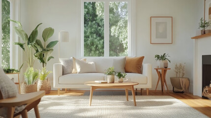 A bright and airy living room featuring cozy white sofa adorned with soft pillows, surrounded by lush greenery and natural light streaming through large windows. warm wooden accents and minimalist dec