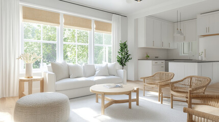 A bright and airy living room featuring white sofa, wooden coffee table, and rattan chairs, surrounded by large windows that let in natural light. space exudes calm and inviting atmosphere