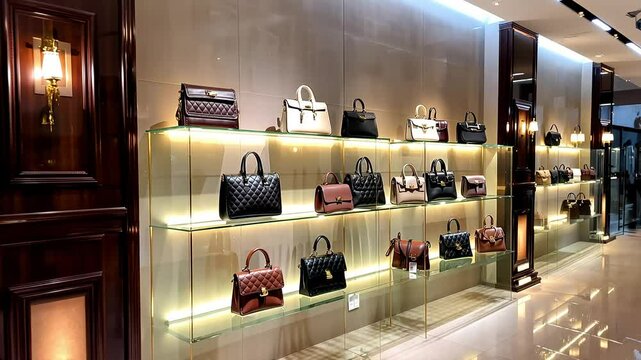 A retail store interior showcasing a variety of designer handbags on shelves with glass display cases illuminated by spotlights. 