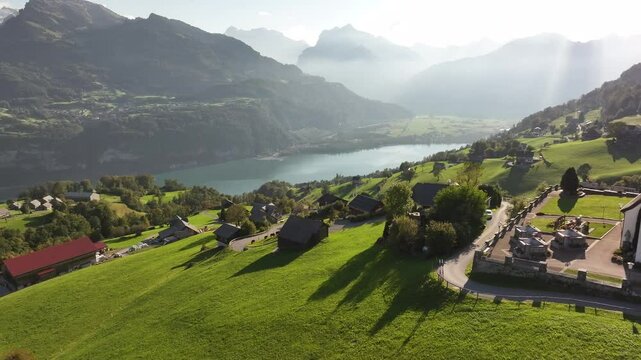 Amden is a popular town in the alpine hills often sought after by visitors for its wonderful country atmosphere. Drone view