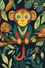 Fototapeta premium Colorful cartoon monkey sitting on a branch amidst vibrant foliage.