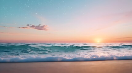 Fototapeta premium Dreamy 1960s inspired beachside sunset scene with soft pink hues sparkling stars over the horizon and gentle waves rolling in A touch of fantasy and nostalgia in the air creates a serene