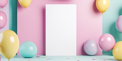 Festive celebration backdrop with colorful balloons and a blank poster for customization.