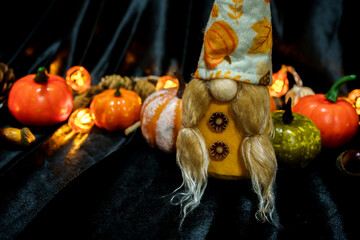 Halloween decorations background. Halloween Scary pumpkin head on wooden table Halloween holiday concept