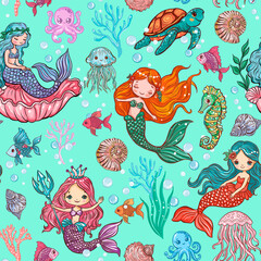 Obraz premium Cute Little Mermaids Children's Seamless Pattern
