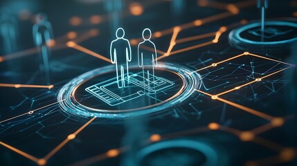 Futuristic digital grid of people icons connected through colorful lines depicting data analytics online interactions and the power of information exchange within a global internet community