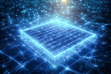 Fototapeta premium A glowing, holographic solar panel made of interconnected blue grids, floating in a futuristic