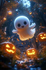 Fototapeta premium Charming Phantom Character Soaring Over Jack O Lanterns In Enchanted Night Woods