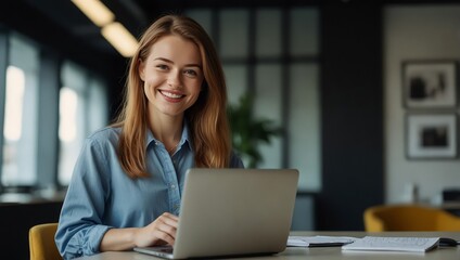 Woman, portrait and laptop in modern office with smile, happiness and joy as social media manager. Female person, technology and cheerful as employee in digital agency for brand, design and project