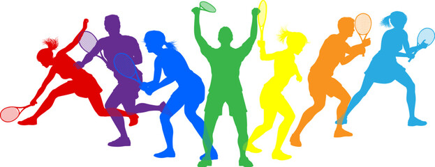 Silhouette Tennis players set. Active sports people healthy players fitness silhouettes concept.