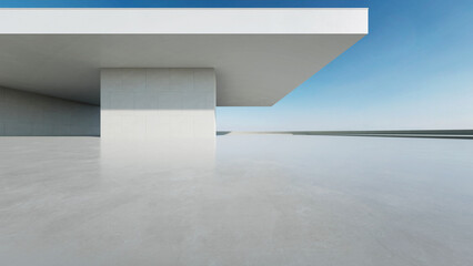 3d render of abstract modern concrete architecture with empty cement floor, minimal exterior, car presentation background