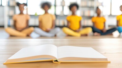 Open book in focus with children meditating in background in library setting