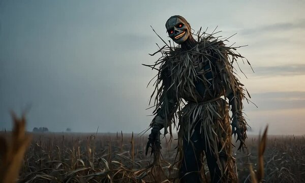 scarecrow in the field on the morning fog	
