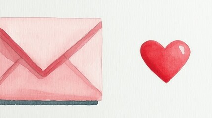 Watercolor illustration of a pink envelope next to a red heart, set against a white background, representing love and affection.