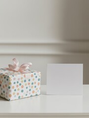 A colorful gift box with polka dots and a blank card on a white table.