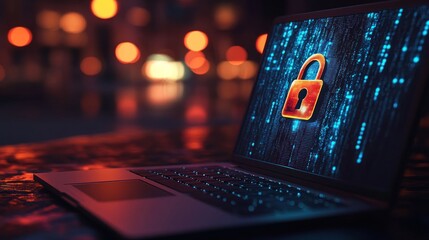 A laptop displaying a lock symbol against a backdrop of digital data, emphasizing cybersecurity.
