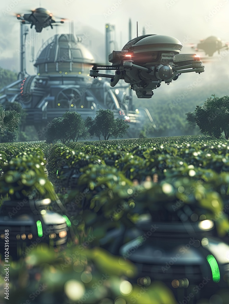 Poster High-tech drones and AI-driven robots monitor crops on an advanced farm, optimizing agricultural practices efficiently. Generative AI