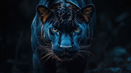 Obraz premium A close-up shot of a black panther. The predator stares intensely at the camera, highlighting its powerful gaze.