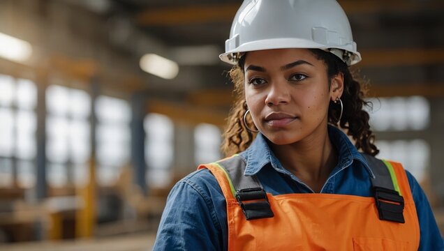 Young mixed race black african american female construction builder industrial factory worker electrician apprenticeship student on work placement, copy space