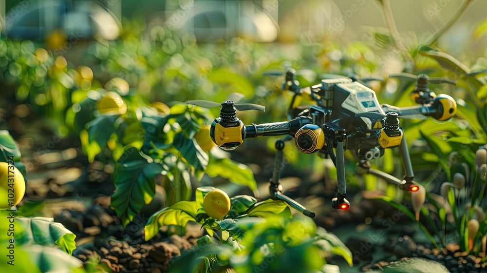 Poster Drones and AI-driven robots actively monitor crops while swiftly optimizing agricultural practices in a modern farm setting. Generative AI